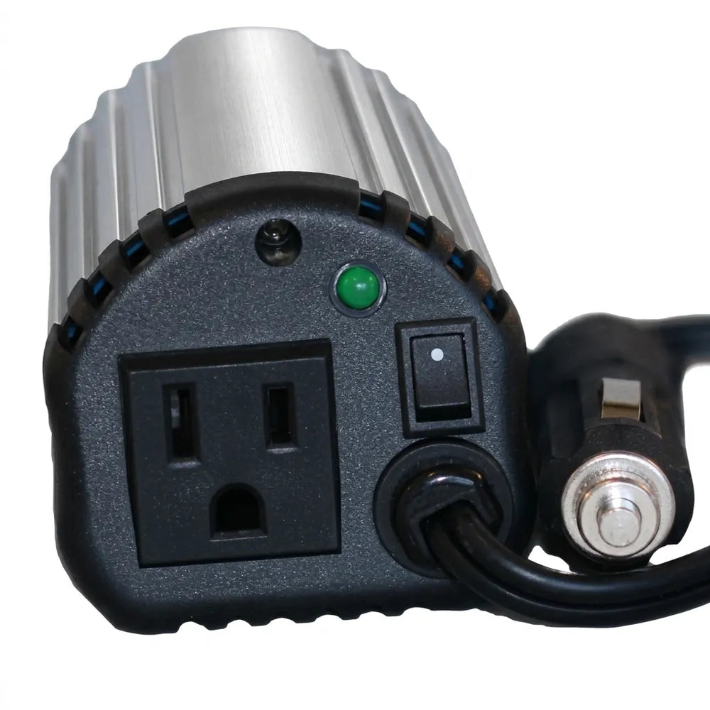 AIMS Power 120W can-size inverter with AC outlet, power switch, indicator light, and 12V adapter plug.