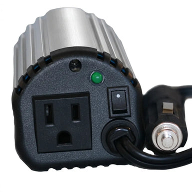 AIMS Power 120W can-size inverter with AC outlet, power switch, indicator light, and 12V adapter plug.