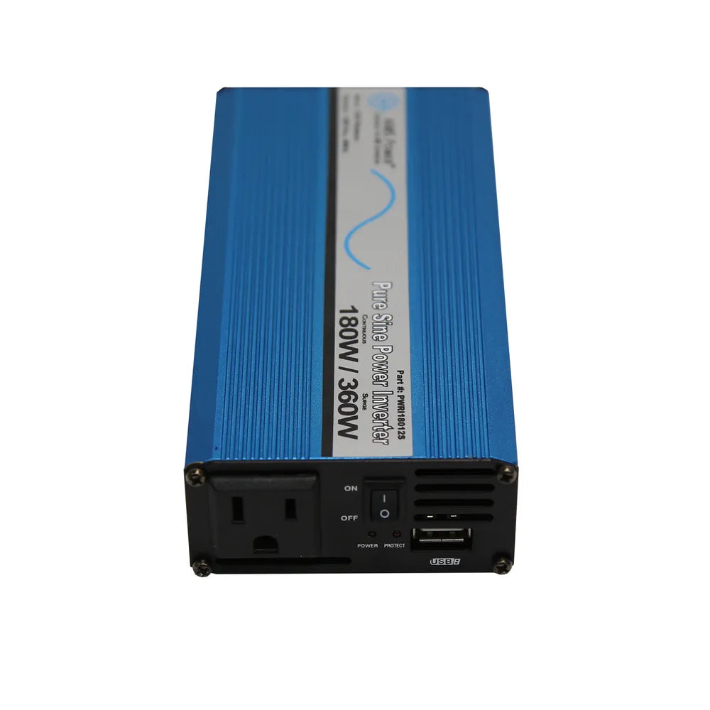 AIMS Power 180W pure sine inverter with USB port, AC outlet, battery cables, and 12V plug adapter.