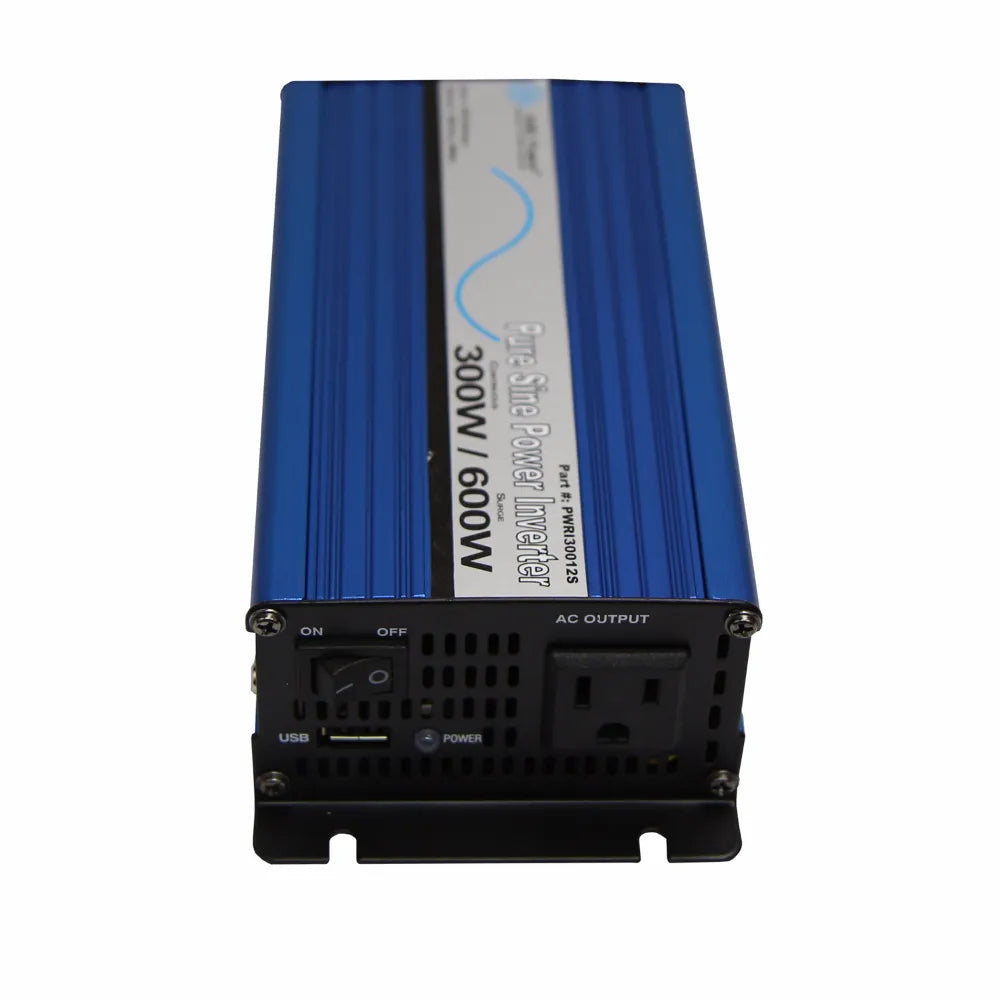 AIMS Power 300W pure sine inverter front panel with AC output outlet, USB port, on/off switch, power indicator, and blue aluminum housing.