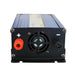 Close-up of AIMS Power 300W pure sine inverter DC input side showing cooling fan, positive and negative battery terminals, and black end panel.