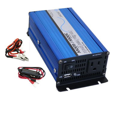 AIMS Power 300W pure sine inverter with included battery cables, alligator clips, USB port, AC outlet, and compact blue ribbed case.
