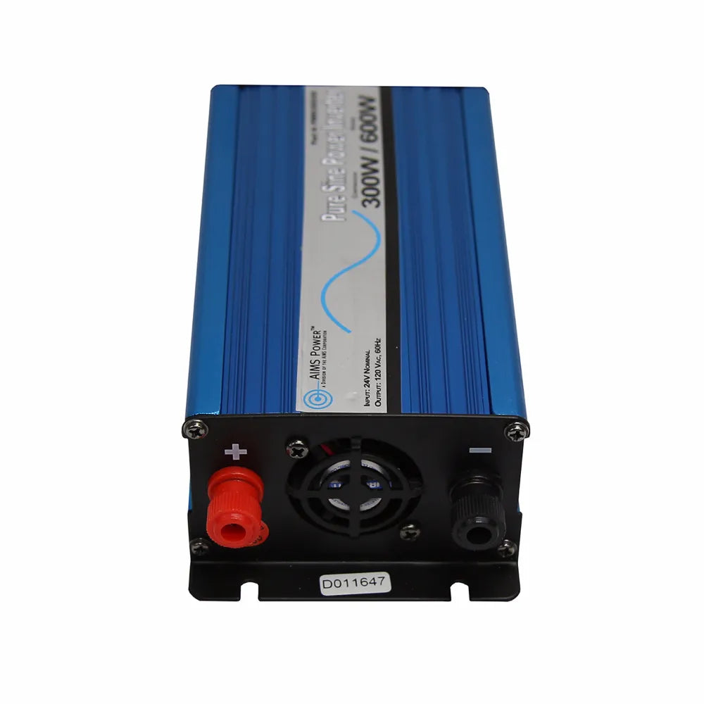AIMS Power 300W pure sine inverter rear DC input panel with cooling fan, red positive terminal, black negative terminal, and mounting bracket.