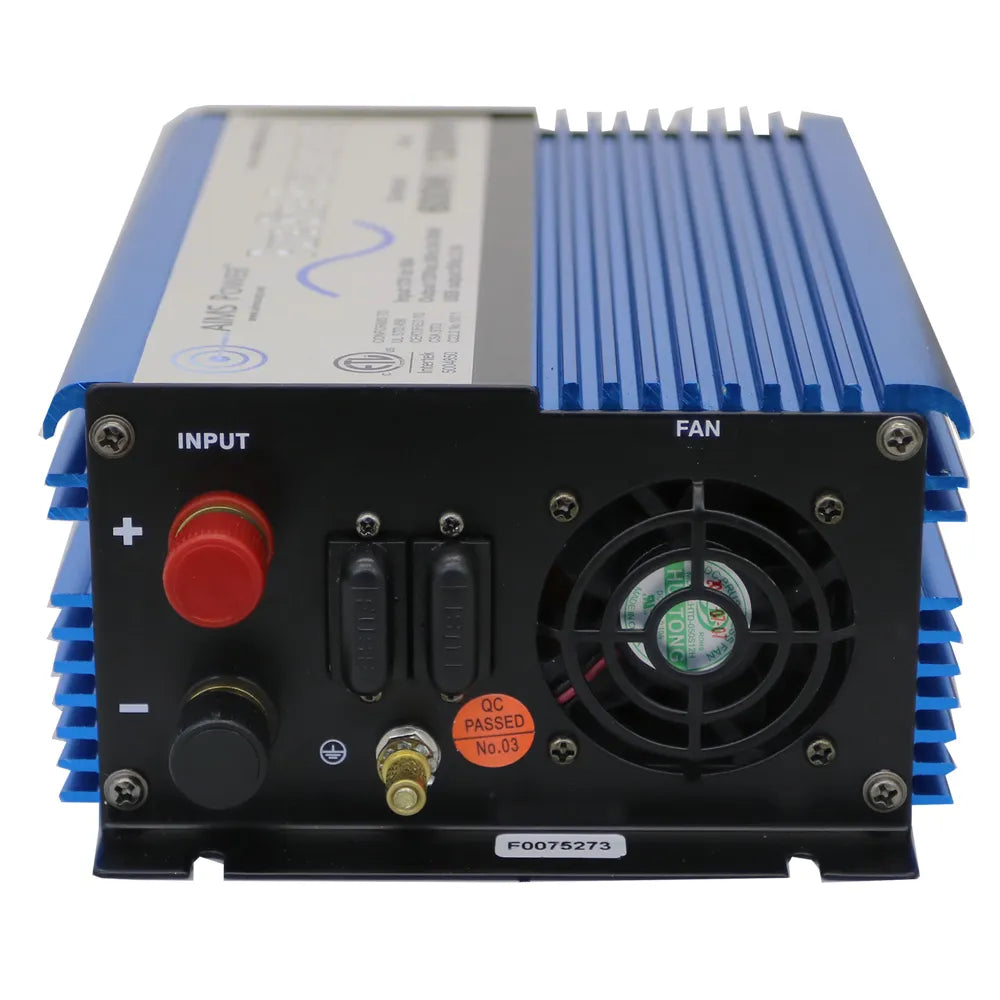AIMS Power 600W pure sine inverter rear input panel with cooling fan, DC terminals, fuses, and ground post.