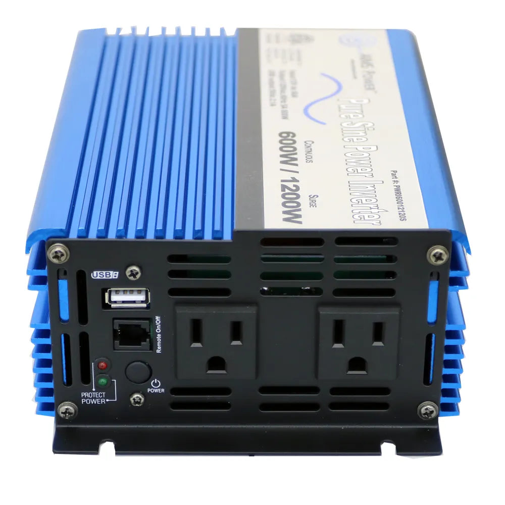 AIMS Power 600W pure sine inverter front AC output panel with dual outlets, USB port, remote jack, and power indicators.