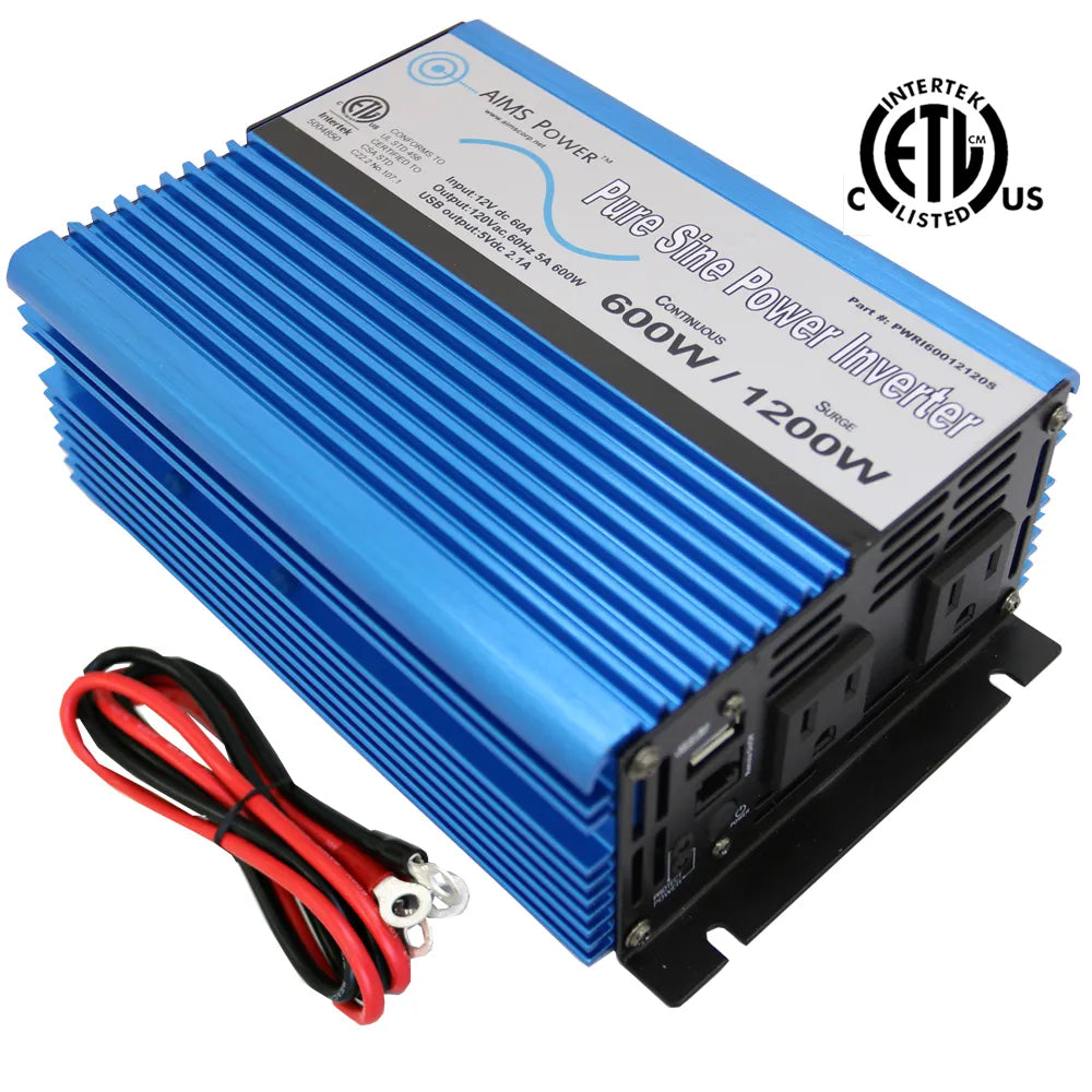 AIMS Power 600W pure sine inverter UL458 listed with blue aluminum housing, dual AC outlets, and battery cables.