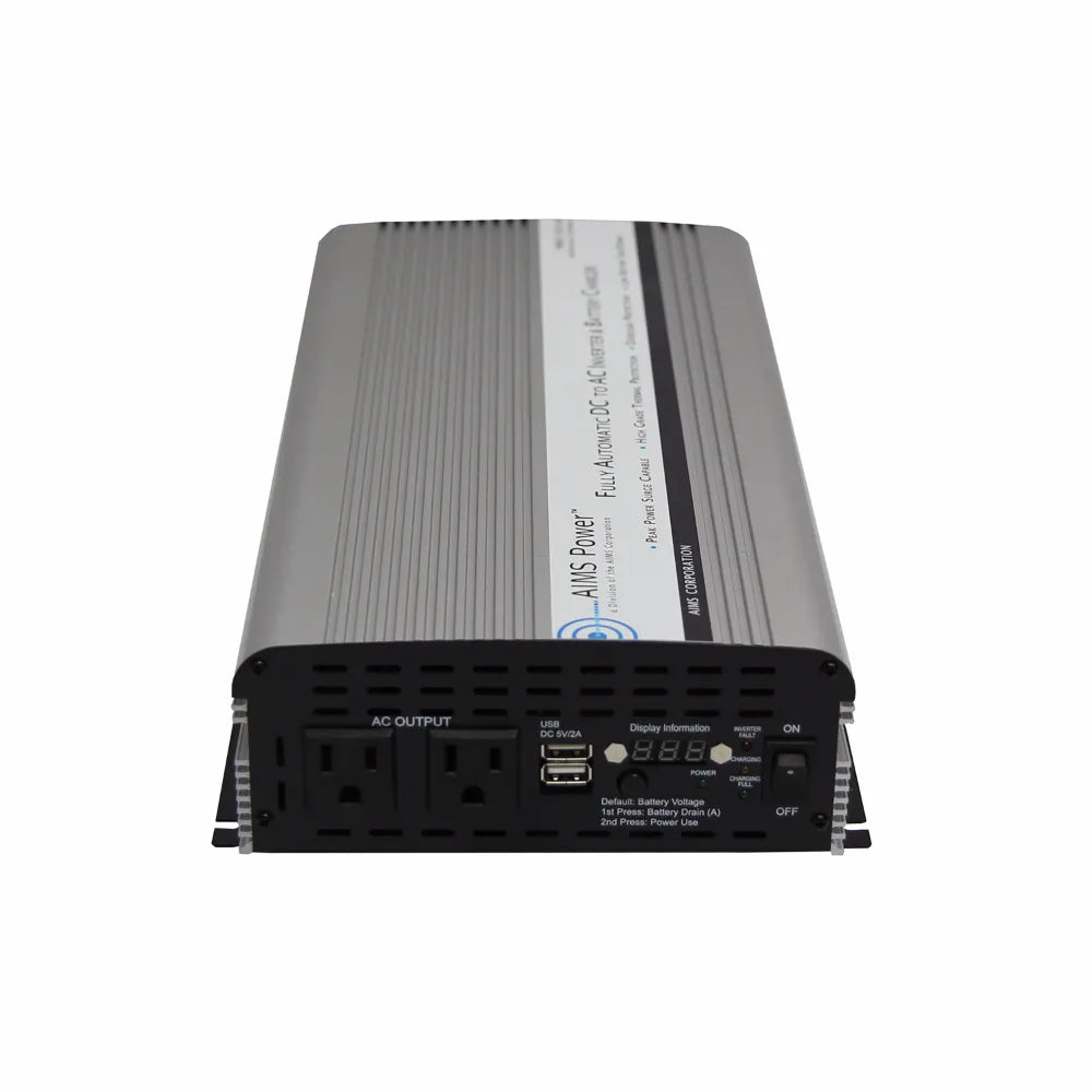 AIMS Power 1500W inverter charger with AC output ports, USB charging, battery display, and fully automatic charging controls.