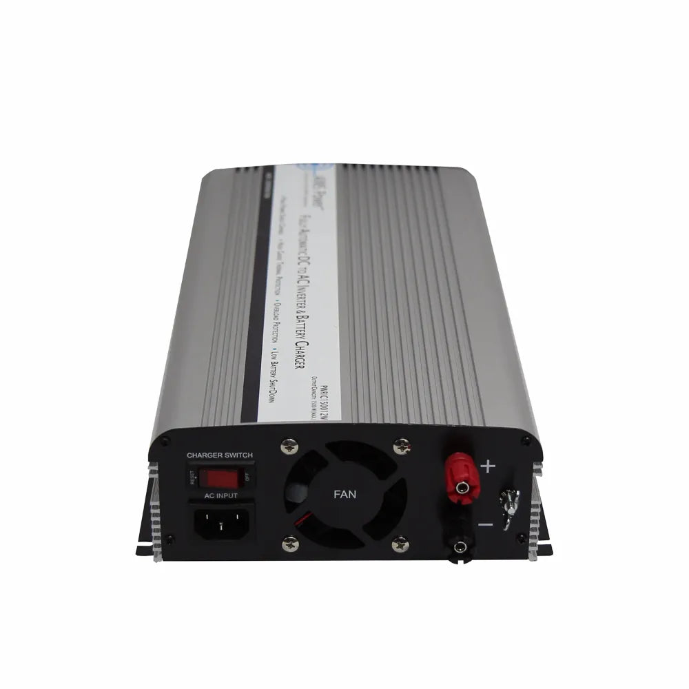 AIMS Power 1500W inverter charger rear panel with cooling fan, charger switch, AC input, and DC battery terminals.