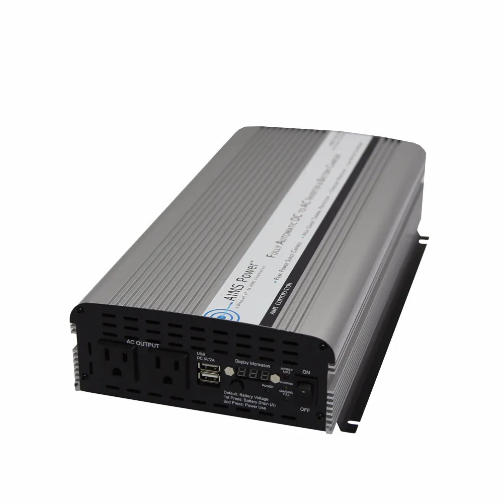 AIMS Power 1500W inverter charger PWRIC1500W with dual AC outlets, USB port, digital display, and power switch.