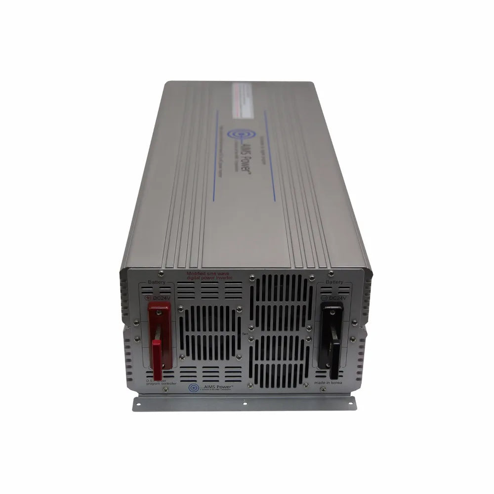 AIMS 7000W 24V 240V industrial inverter rear panel with DC battery connectors, dual cooling fans, and mounting bracket.