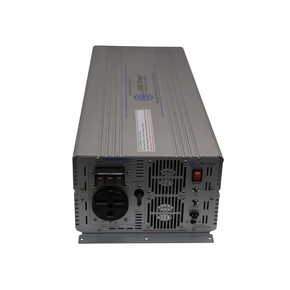 AIMS 7000W 24V 240V industrial inverter front panel with 240V AC output, terminal block, cooling fans, and remote controls.