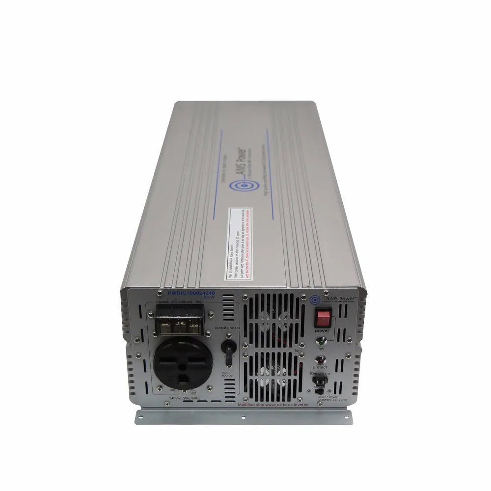 AIMS 7000W 48V 240V industrial inverter front panel with 240V AC output, terminal block, power switch, and protection controls.
