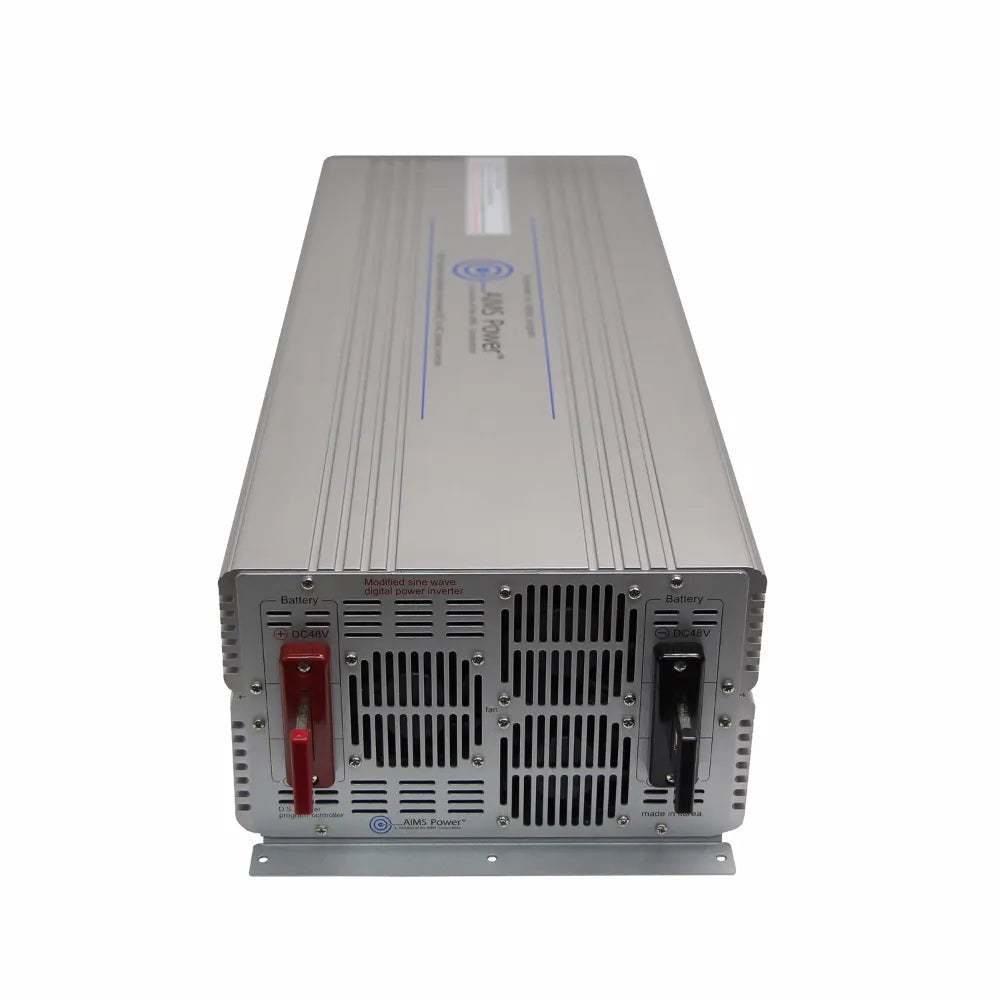 AIMS 7000W 48V 240V industrial inverter rear panel with DC battery connectors, dual cooling fans, and mounting bracket.