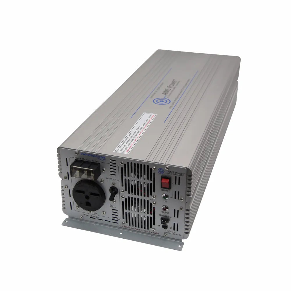 AIMS 7000W 48V 240V industrial inverter with heavy-duty aluminum housing, AC outlet, cooling fans, and remote control ports.