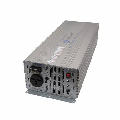 AIMS 7000W 48V 240V industrial inverter with heavy-duty aluminum housing, AC outlet, cooling fans, and remote control ports.