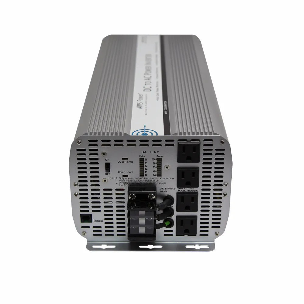 AIMS Power 10000W 12V modified sine inverter with 20,000W surge, AC outlets, remote port, and rugged aluminum case.