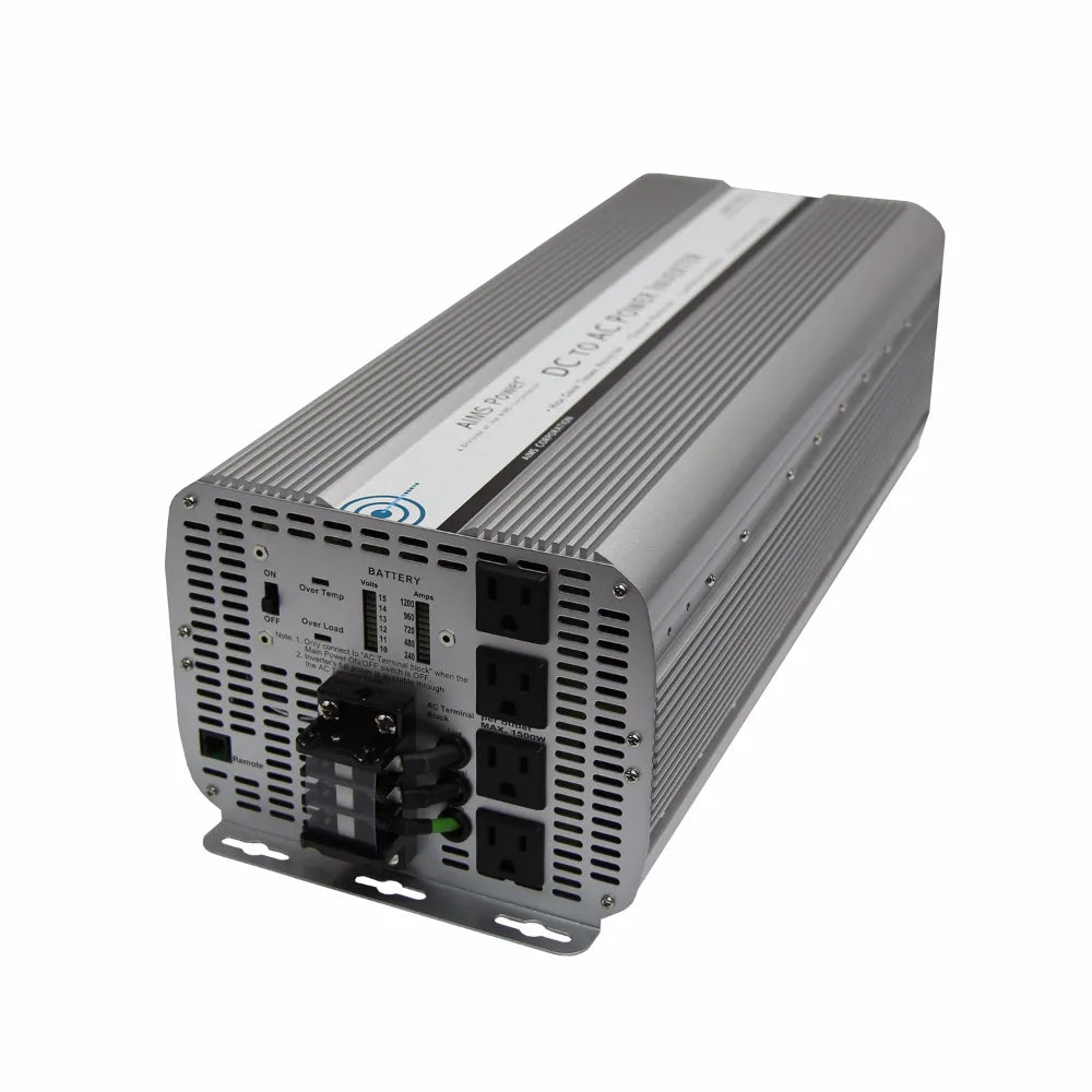 AIMS Power 10000W 12V modified sine inverter with four AC outlets, AC terminal block, battery meter, and vented housing.