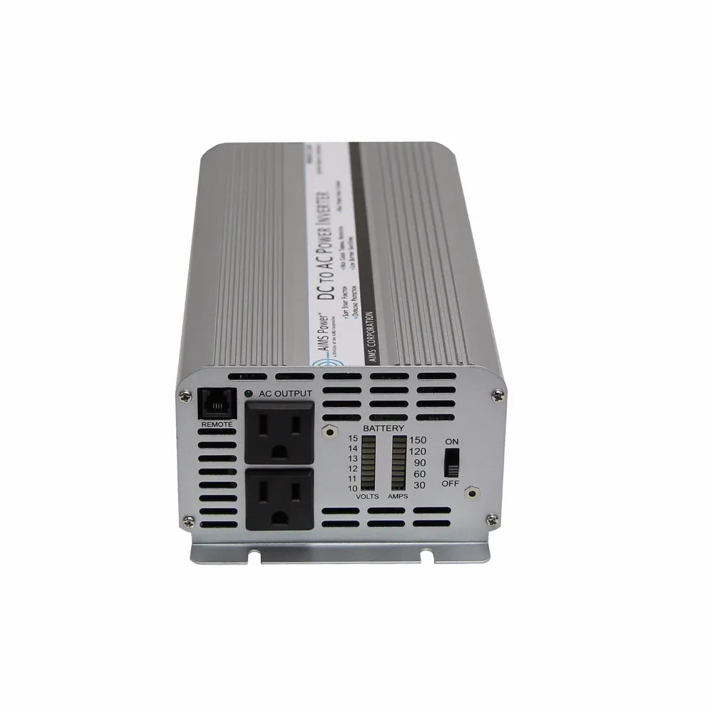 AIMS Power 1250W 12V inverter with meters, dual AC outlets, remote port, battery gauge, and vented housing.
