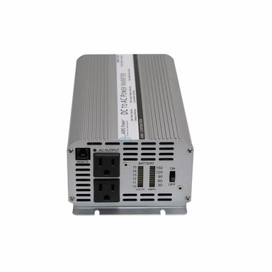 AIMS Power 1250W 12V inverter with meters, dual AC outlets, remote port, battery gauge, and vented housing.