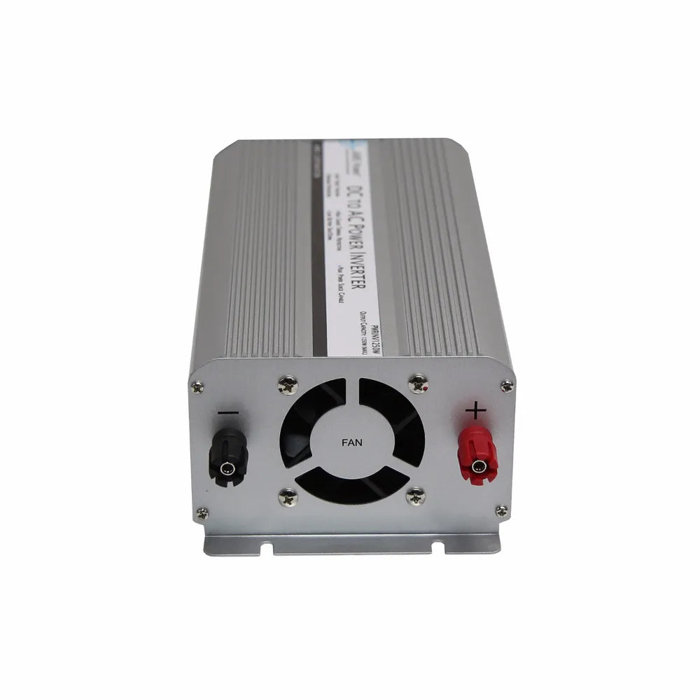 AIMS Power 1250W 12V inverter with cooling fan, positive and negative DC input terminals.