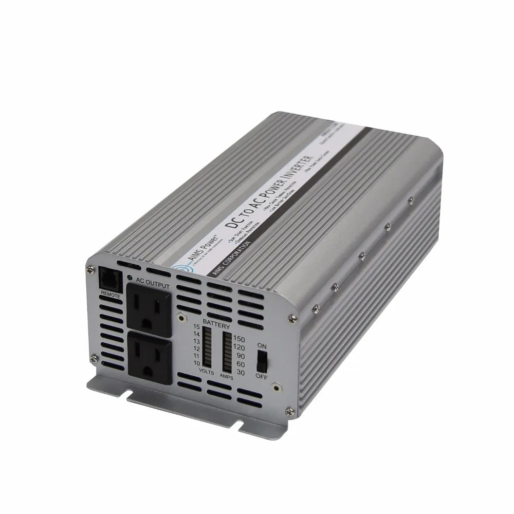 AIMS Power 1250W 12V inverter with meters, AC outlet panel, battery voltage and amp display.