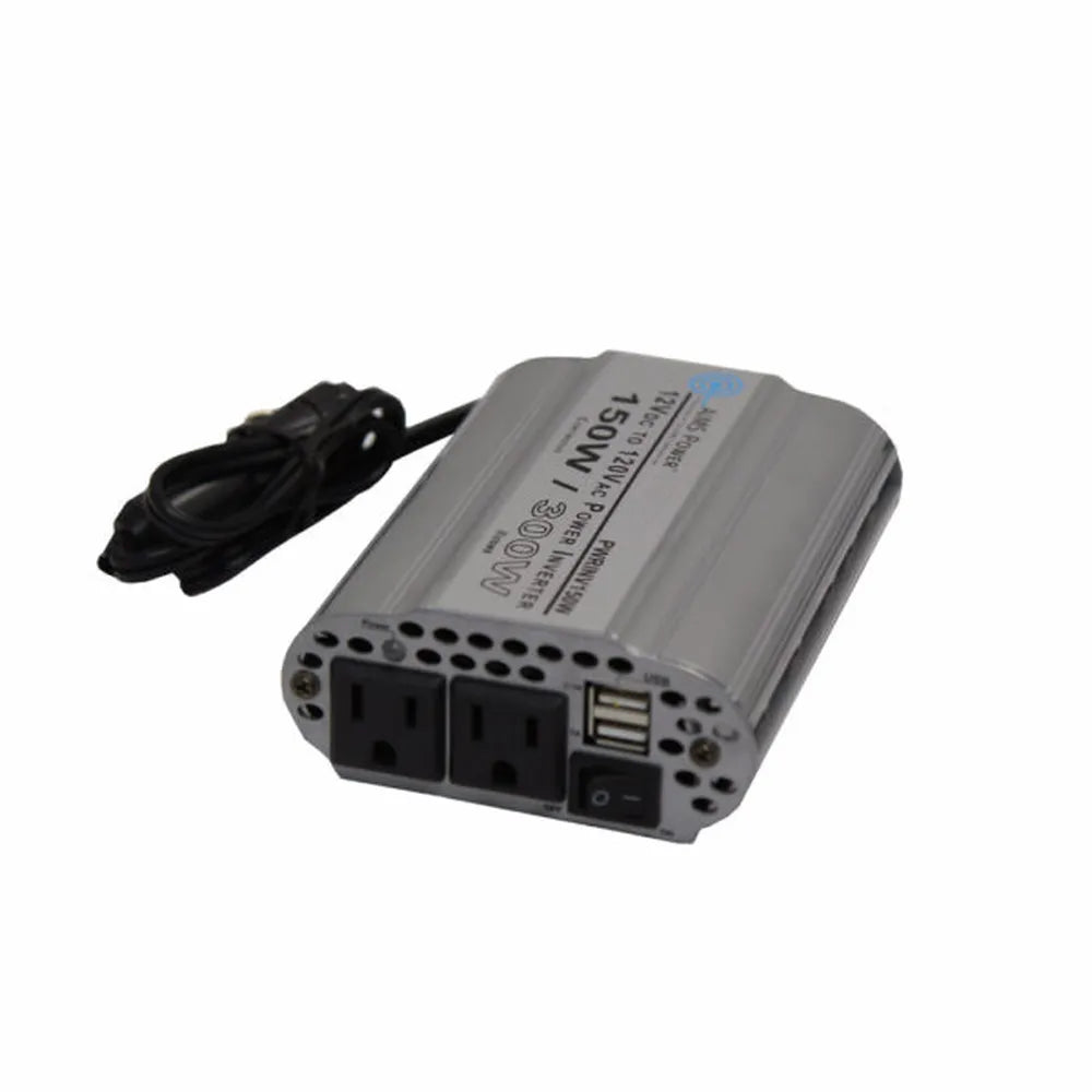 AIMS Power 150W modified sine inverter with dual AC outlets, USB ports, power switch, and 12V adapter cord.
