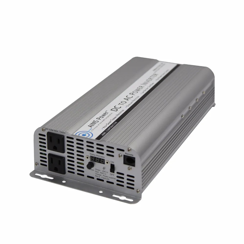 AIMS Power 2500W 12V inverter with meters, AC outlets, power switch, and vented silver case.