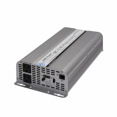 AIMS Power 2500W 12V inverter with meters, AC outlets, power switch, and vented silver case.