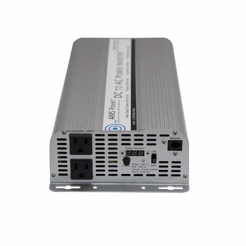 AIMS Power 2500W 24V modified sine inverter with AC outlets, power switch, display meter, and rugged silver case.