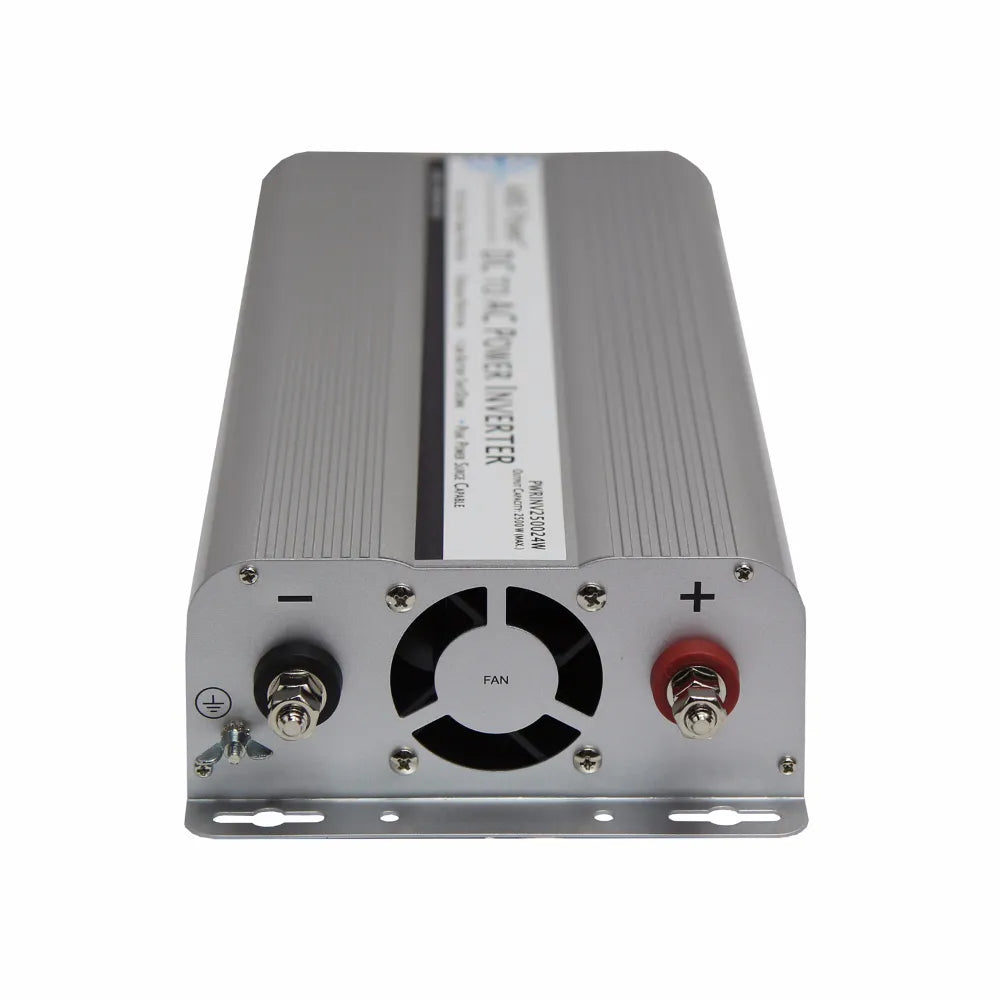 AIMS Power 2500W 24V modified sine inverter with 5000W surge, cooling fan, DC input terminals, and mounting bracket.