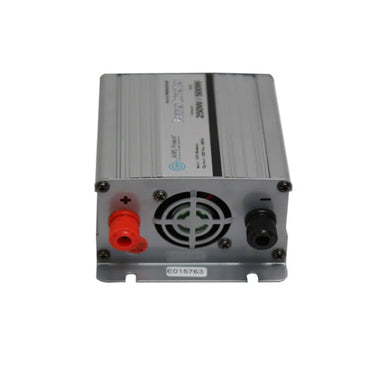 IMS Power 250W modified sine inverter with DC terminals, cooling fan, and compact aluminum housing.