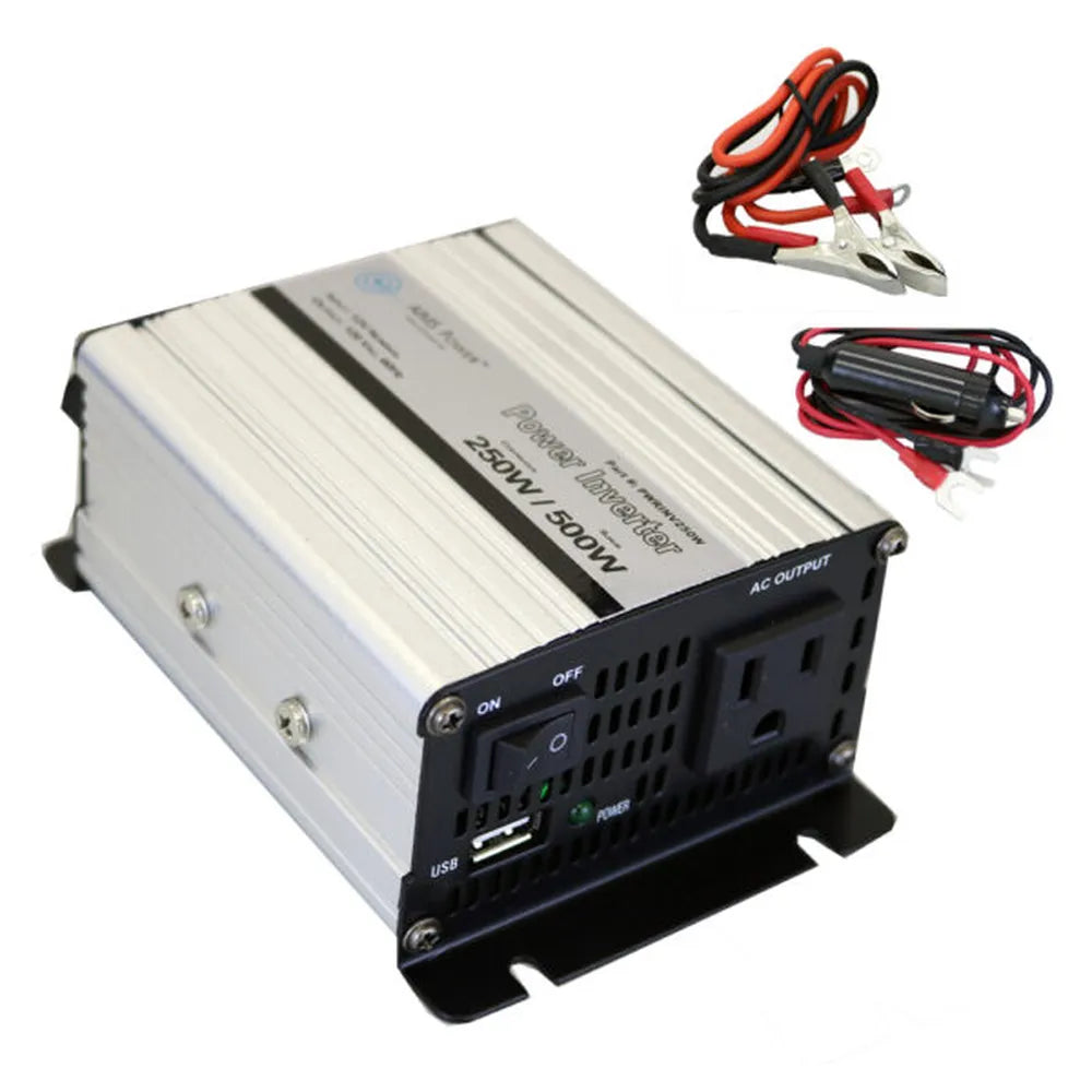 AIMS Power 250W modified sine inverter with AC outlet, USB port, power switch, and battery clamp cables.