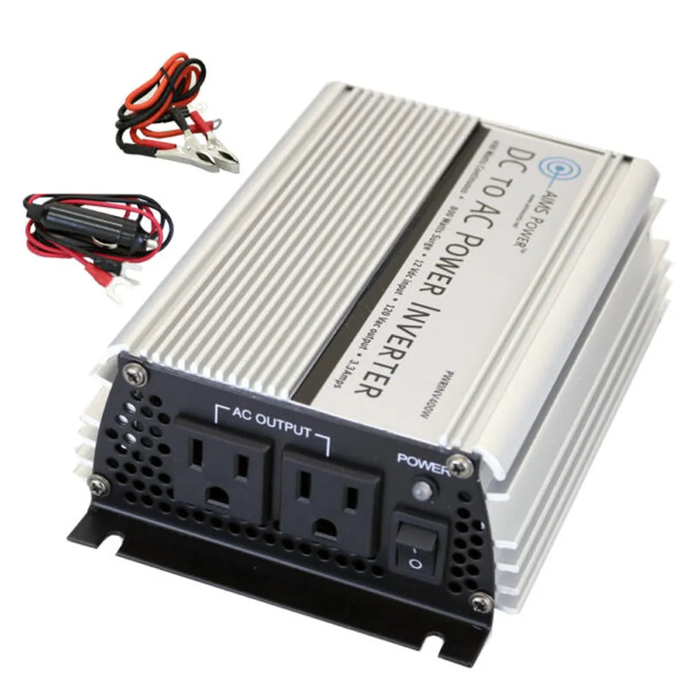 AIMS 400W 12V modified sine power inverter with AC outlets, battery clamp cables, and 12V plug adapter.