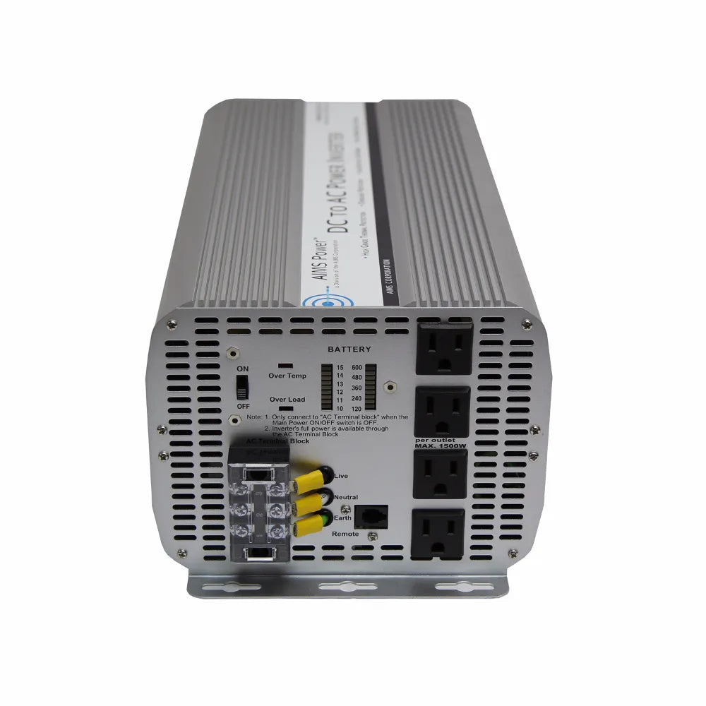 AIMS Power 5000W modified sine inverter with four AC outlets, AC terminal block, battery gauge, and remote port.