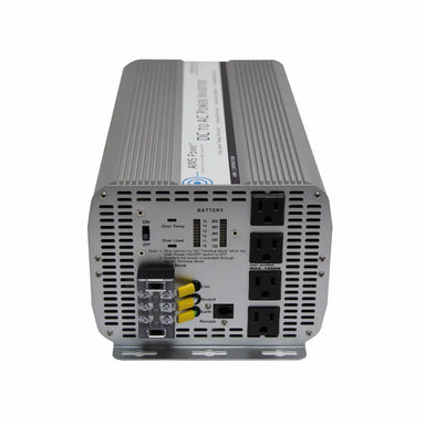 AIMS Power 5000W modified sine inverter with four AC outlets, AC terminal block, battery gauge, and remote port.