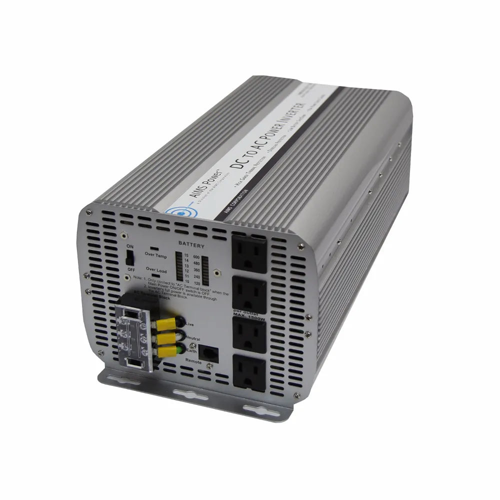 AIMS 5000W 36V modified sine power inverter with AC outlets, terminal block, battery gauge, and vented silver case.