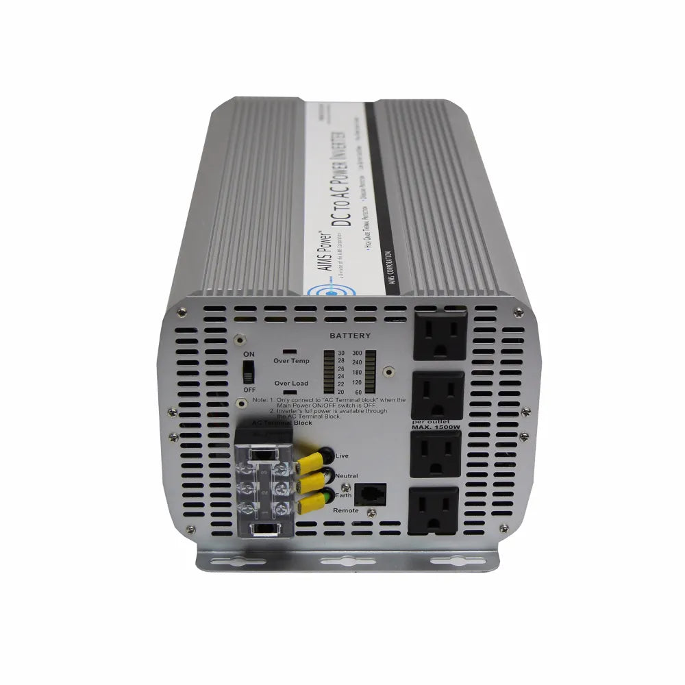 AIMS Power 5000W 24V inverter with AC outlets, wiring terminal block, remote port, and rugged silver case.
