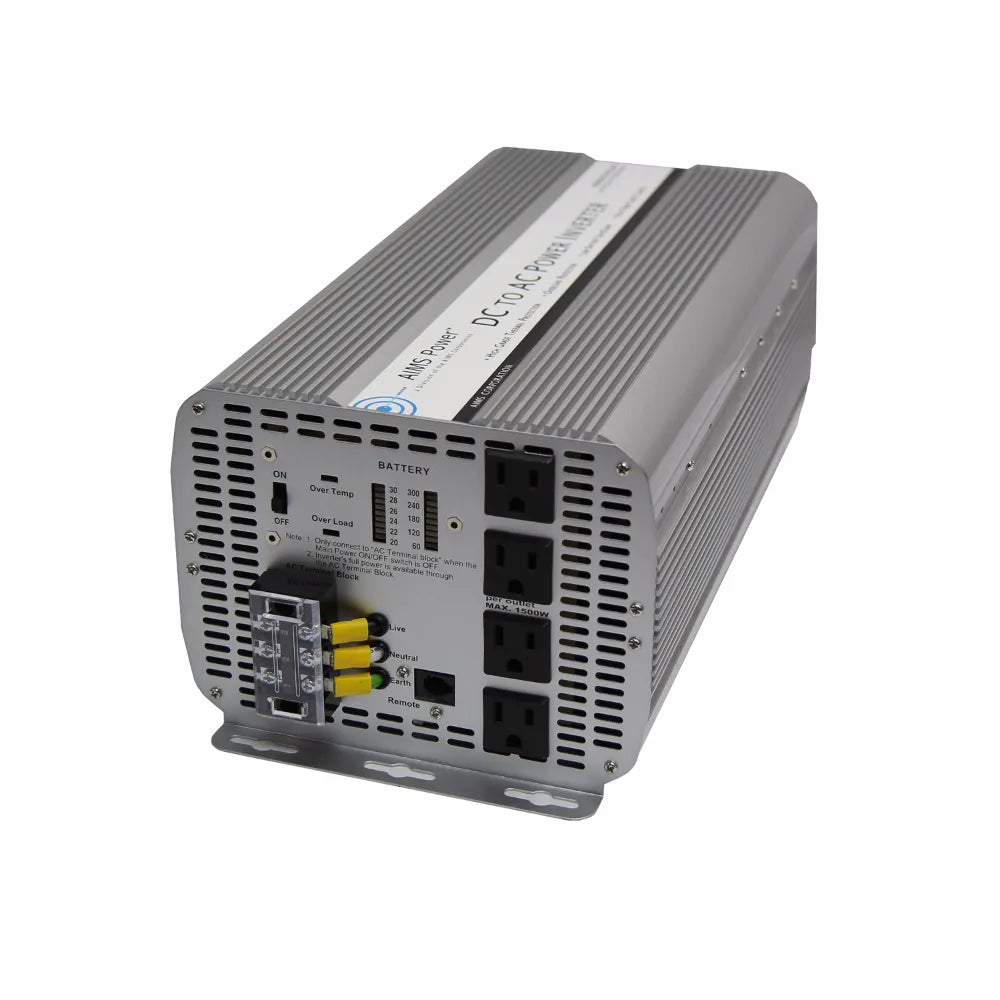 AIMS Power 5000W modified sine inverter PWRINV500012W with AC outlets, terminal block, battery meter, and vented housing.