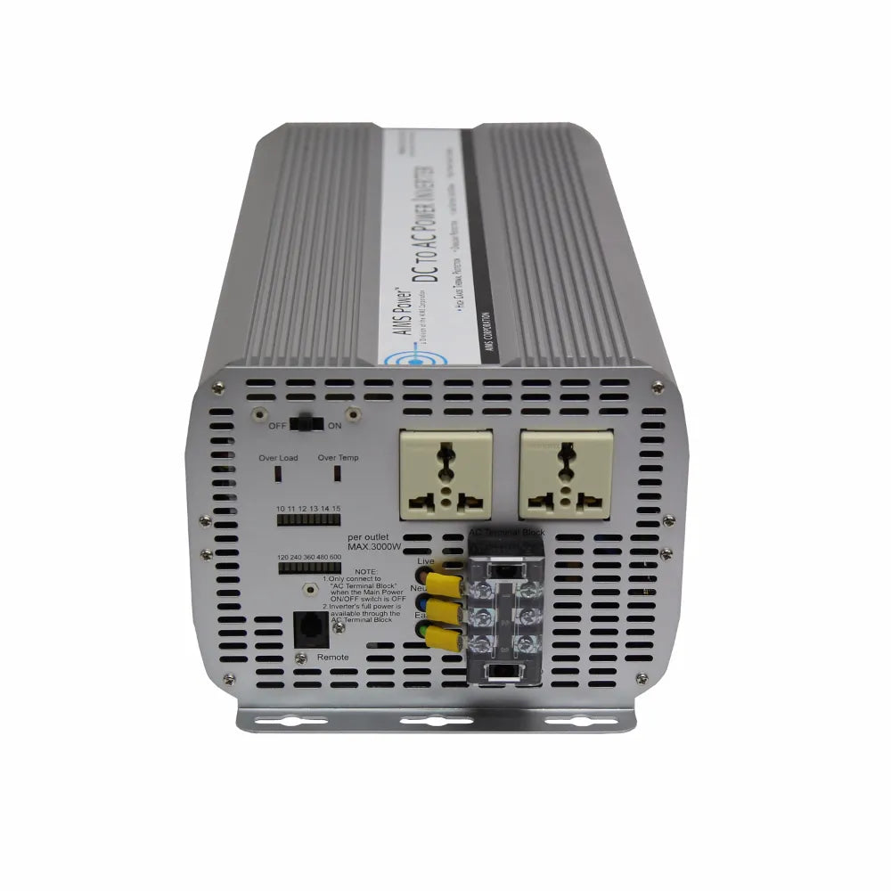 AIMS Power 5000W 12V to 240V inverter PWRINV5K24012W with AC outlets, terminal block, battery meter, and vented housing.