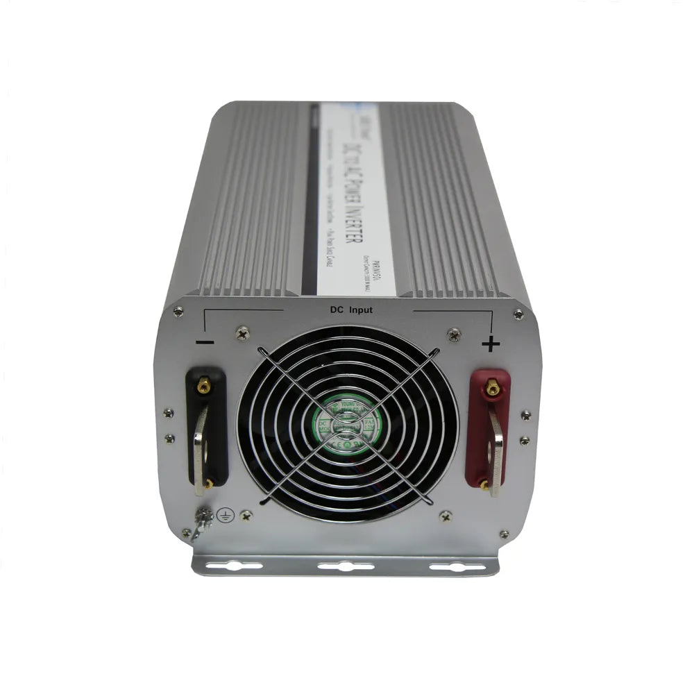 AIMS Power 5000W 12V to 240V inverter with cooling fan, DC input terminals, and rugged aluminum case.