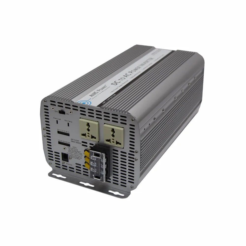 AIMS Power 5000W 12V to 240V inverter with 240V AC outlets, AC terminal block, remote port, and mounting bracket.
