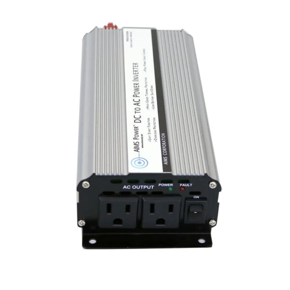 AIMS Power 800W 12V modified sine inverter with AC outlets, power and fault lights, and mounting bracket.