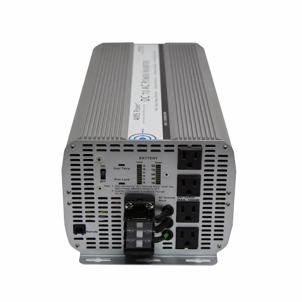 AIMS Power 8000W 12V modified sine inverter with four AC outlets, terminal block, battery gauge, and rugged aluminum case.