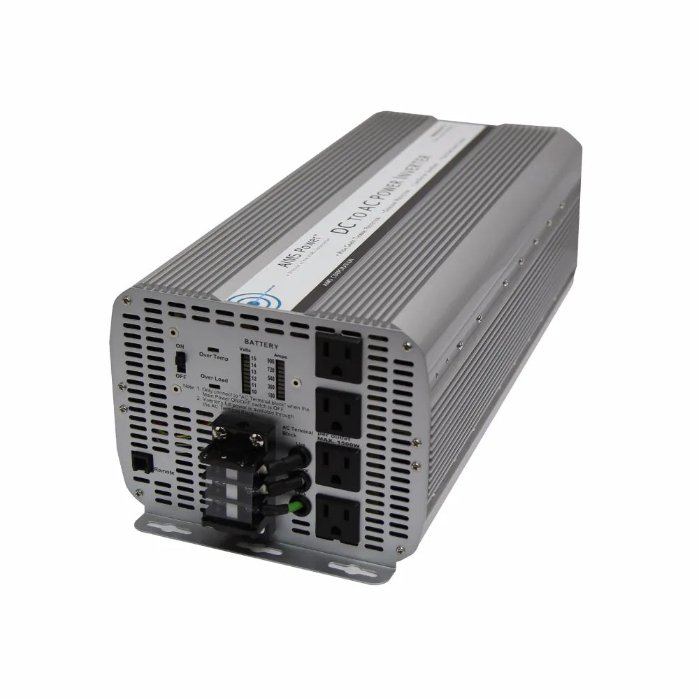 AIMS Power 8000W 12V modified sine inverter with AC outlets, AC terminal block, battery meter, remote port, and vented housing.