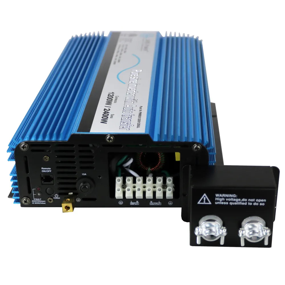 AIMS Power 1200W pure sine inverter with auto transfer rear wiring panel, terminal block, 15A reset breaker, remote on/off port, warning cover, and blue finned aluminum heat sink.