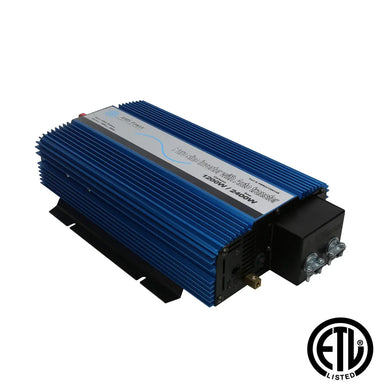 AIMS 1200W pure sine inverter with auto transfer in blue ribbed metal housing, black mounting base, external warning terminal cover, and ETL Listed certification logo.