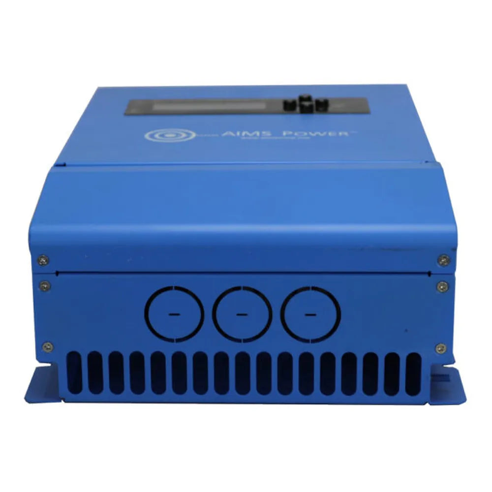 Rear view of blue AIMS Power 40 amp MPPT solar charge controller with ventilation slots, cable knockouts, mounting flanges, and durable off-grid solar controller housing.