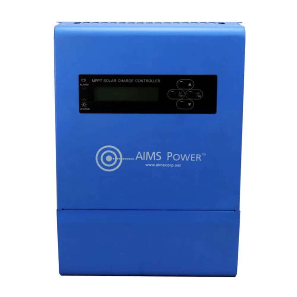 AIMS Power 40A MPPT solar charge controller in blue metal enclosure with front LCD screen, control buttons, alarm, charge and load indicators, and AIMS Power logo.