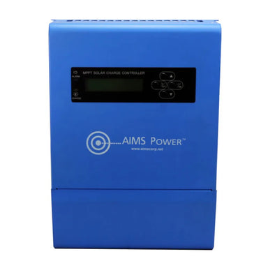 AIMS Power 40A MPPT solar charge controller in blue metal enclosure with front LCD screen, control buttons, alarm, charge and load indicators, and AIMS Power logo.