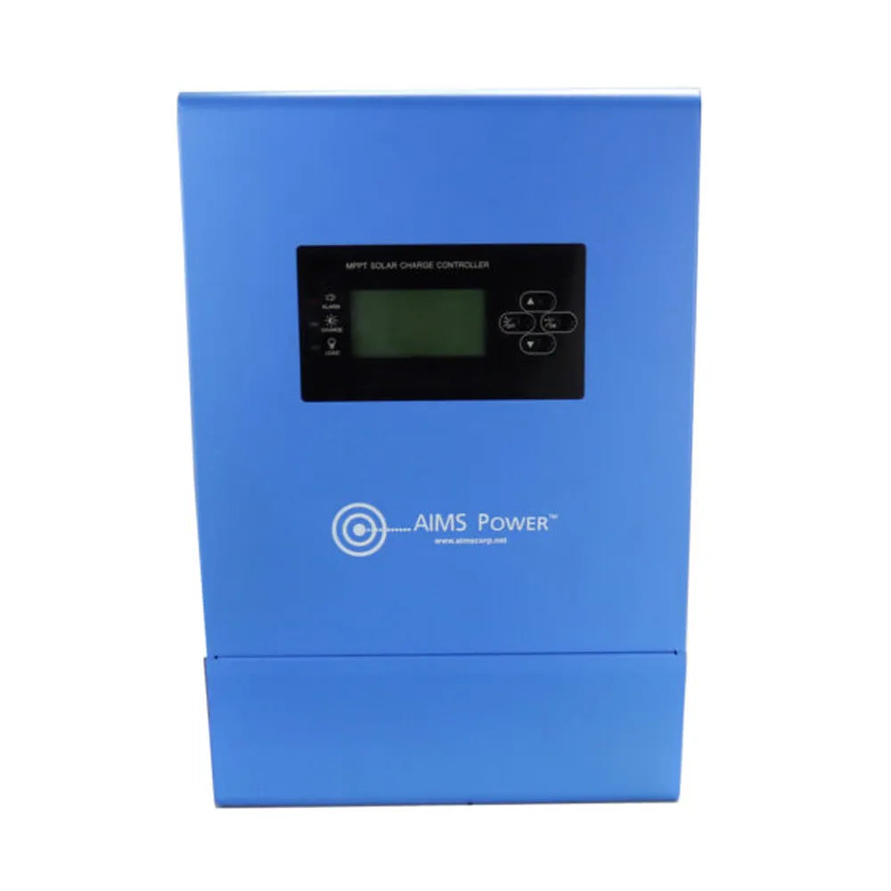 AIMS Power 60A MPPT solar charge controller in blue metal enclosure with front LCD display, control buttons, alarm, charge and load indicators, and AIMS Power logo.